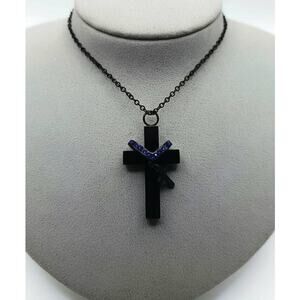 Black Cross Urn Necklace Blue Glass Screw Top Stainless Steel